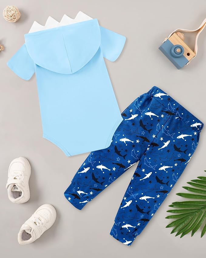 Newborn Boy Summer Outfits Animal Print Short Sleeve Romper with Hoodie & Pants Infant Clothing Set