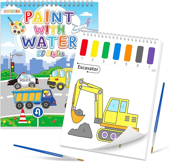 SOCOLER Paint with Water Coloring Books for Toddlers, Traffic Theme Mess Free Watercolor Painting Papers for Kids Water Color Paint Kit Art Craft Birthday Gift for Ages 1-3, 4-8