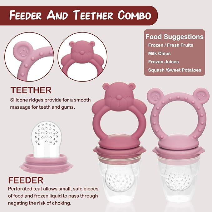 WAJIAYON Baby Breastmilk Popsicle Molds & Baby Fruit Feeder (4 Pack), Infant Food Freezer Tray Storage Containers, Silicone Teething Pacifier Feeder and Teether for Babies,Silicone Feeder(Pink)