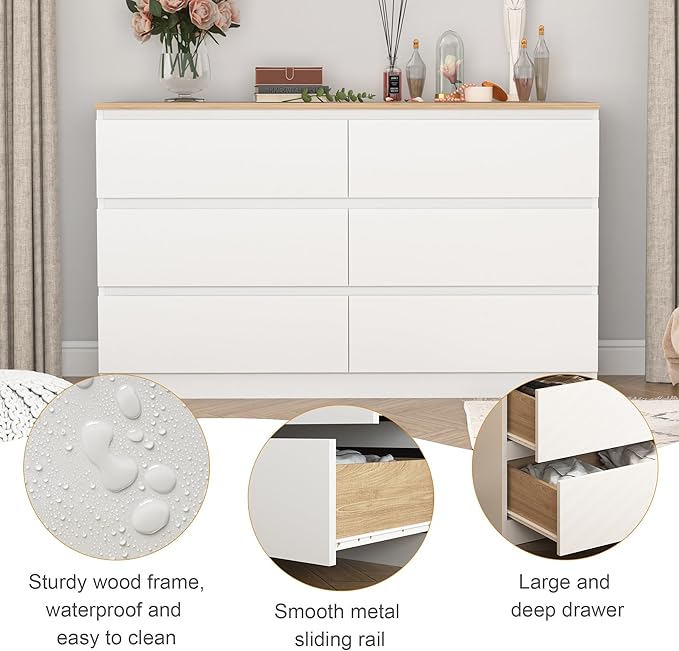 White Dresser for Bedroom, Modern Large 6 Drawer Dresser with Deep Drawer,Chest of Drawers,Wood Bedroom Storage Organizer Furniture,TV Stand for Living Room