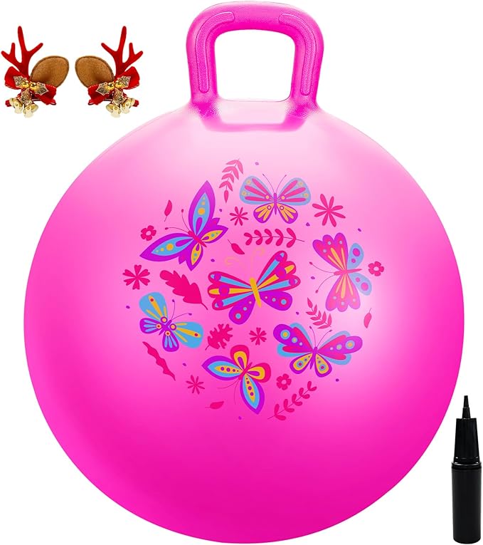 EVERICH TOY Hopper Ball, Pink Butterfly Hopping Toys for Kids, 20 Inch Bouncy Ball with Handle, Indoor Outdoor Inflatable Hippity Hop Toy for Girls Boys Gift with Free Christmas Accessories