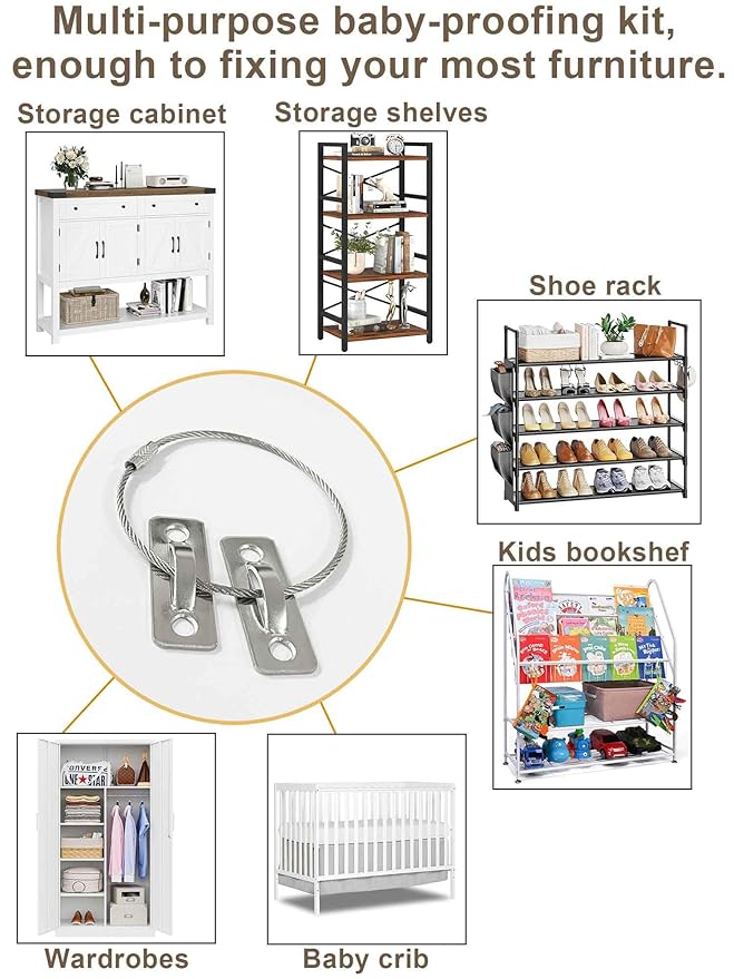 6 Sets Anti Tip Furniture Anchors for Baby Proofing, Earthquake Straps, Furniture Secure to Wall Anchors, Childproof and Home Safety, 16in