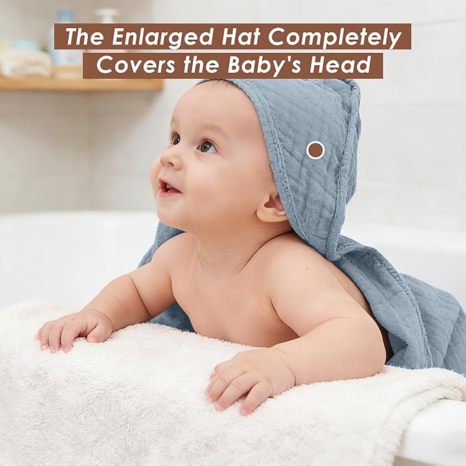 3-Pack Muslin Hooded Baby Towels, 100% Cotton, Ultra-Soft & Absorbent Baby Bath Towels with Hood for Babies, Infant, Toddler and Newbron (Grey and Navy Blue Series,32" x 32")