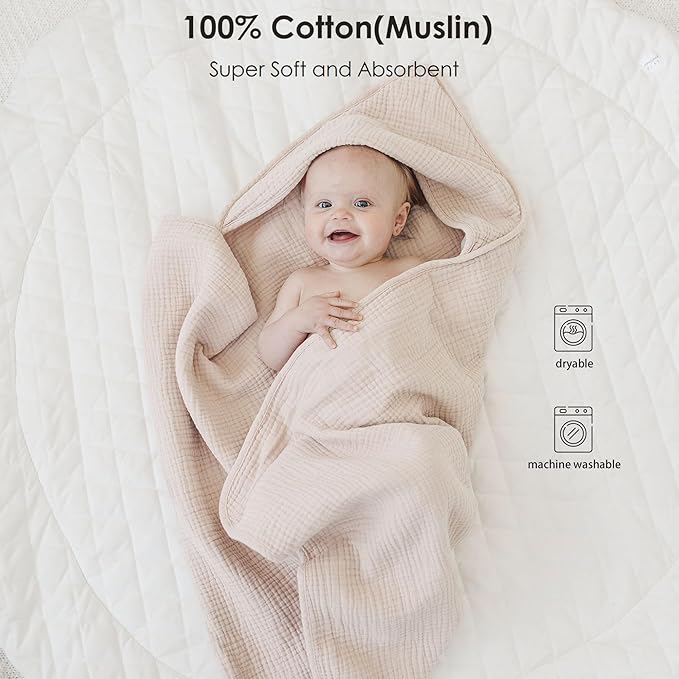 Muslin Baby Towels with Hood for Newborn 100% Cotton Baby Bath Towels Soft & Absorbent Hooded Baby Towel for Boys and Girls, Large Size - 32 * 32 Inches