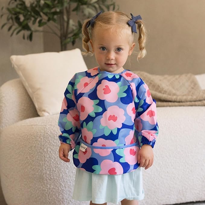 Tiny Twinkle Long Sleeve Bib for Babies & Toddlers | Waterproof Smock Bib for Eating | Machine Washable & Mess-Proof Feeding Essentials | Newborn Shower Gift (Floral Blue, 6–24M)