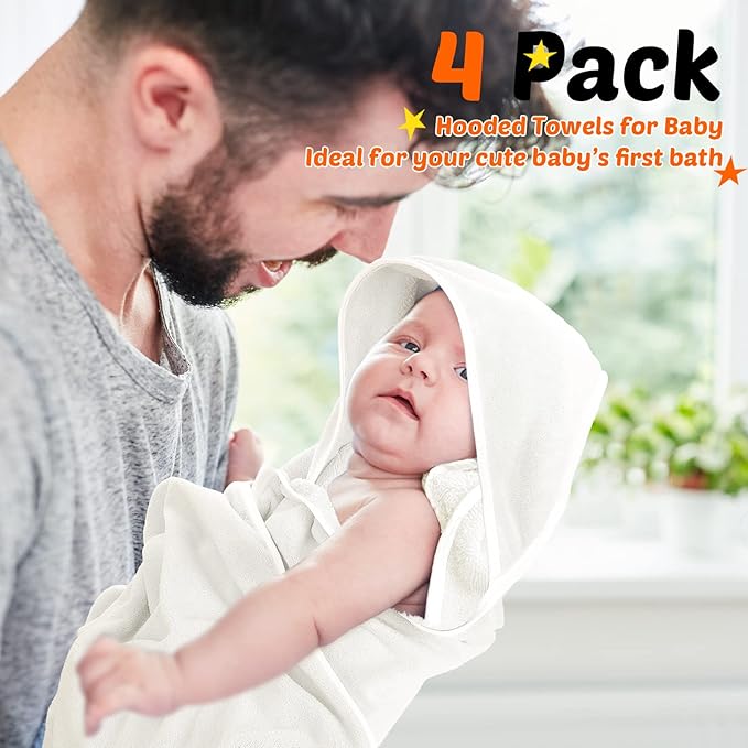 Reginary 4 Pack Baby Hooded Towels Coral Fleece Baby Bath Towels 30 x 30 Inch Soft Absorbent Hooded Bath Blanket for Newborn Toddler Infant Boy Girl Shower Gift Supplies (White)