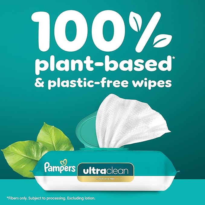Pampers Ultra Clean Baby Wipes (Previously 'Free & Gentle'), 99% Water, Hypoallergenic, Unscented, 100% Plant Based, Plastic-Free, 624 Baby Wipes Total (8X Flip-Top Packs) [Packaging May Vary]