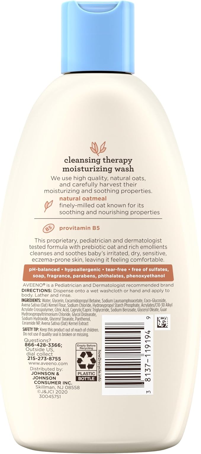 Aveeno Baby Cleansing Therapy Moisturizing Baby Body Wash with Natural Oatmeal & ProVitamin B5, Gentle Tear-Free Baby Bath Wash for Sensitive & Eczema-Prone Skin, Hypoallergenic, 8 oz