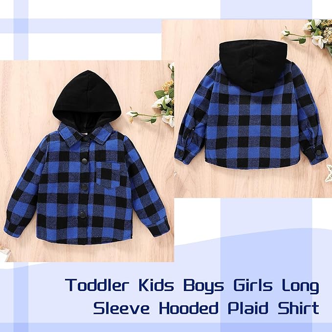 YOUNGER STAR Toddler Kids Boys Girls Flannel Hooded Plaid Shirt Button Baby Red Clothes