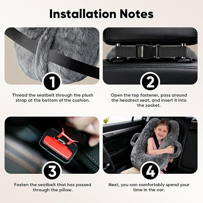 Car Pillow for Kids, Travel Pillow for Car Sleeping, Head and Neck Support Cushion with Removable Inner Insert, Washable Cover (Black)