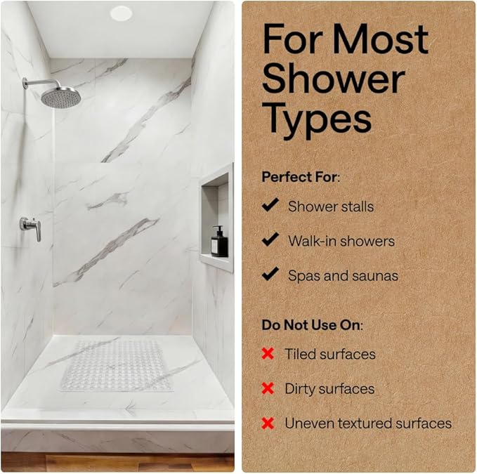 GORILLA GRIP Patented Square Shower Stall Mat, Small Bathtub Floor Mats for Stand Up Showers with Suction Cups and Drainage Holes, Machine Wash, Soft on Feet, Bathroom Accessories 21x21 Inch, Clear