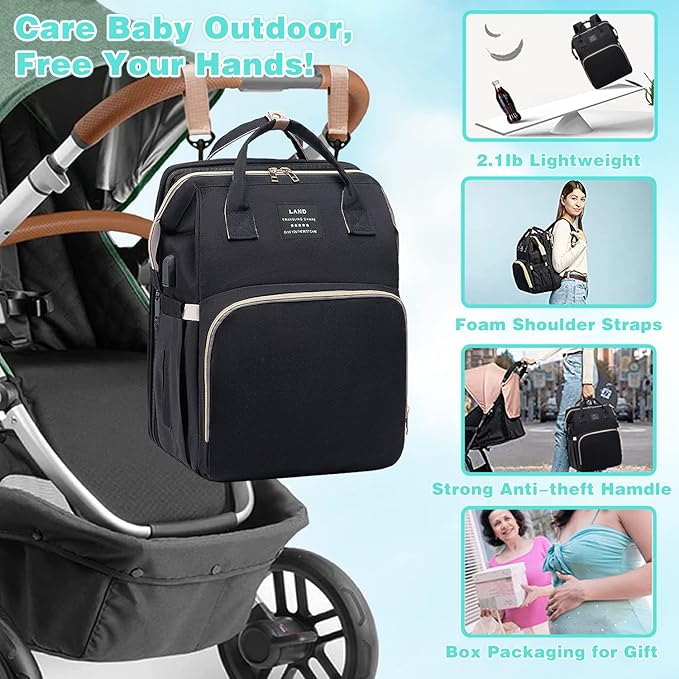 Baby Diaper Bags with Changing Station,Waterproof Diaper Bag Backpack for Moms Dads with USB Charging Port,Large Capacity Multifunctional Baby Essentials(Black)