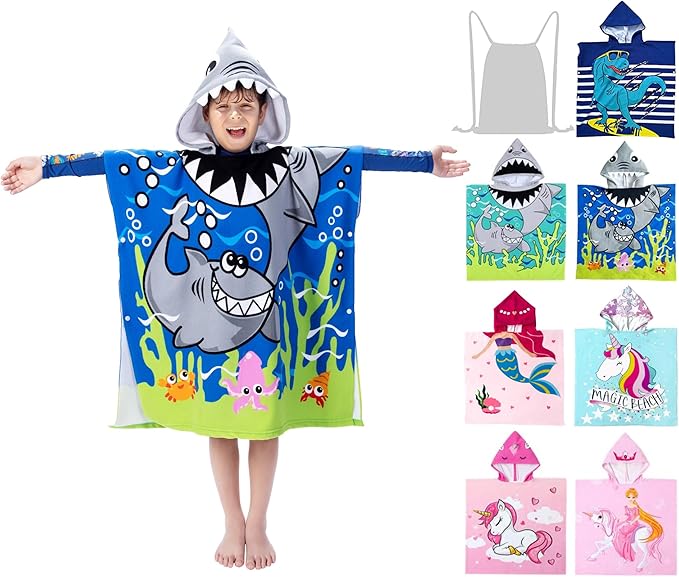 Hooded Kids Beach Towels - Toddler Bath Towel Girls Boys Swim Cover-ups for Ages 4 to 10 Kids Pool Towels Quick Dry Lightweight Soft Microfiber Poncho 30x30 with Bag (Navy Sharks)