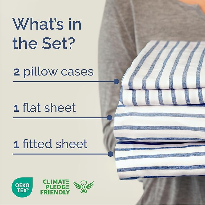 Queen Size 4 Piece Sheet Set - Comfy Breathable & Cooling Bed Sheets Set - Hotel Luxury Bedding for Women, Men, Kids, Teens, Boys & Girls - Deep Pockets, Soft, Wrinkle Free - Oeko-Tex - Blue Stripes 2