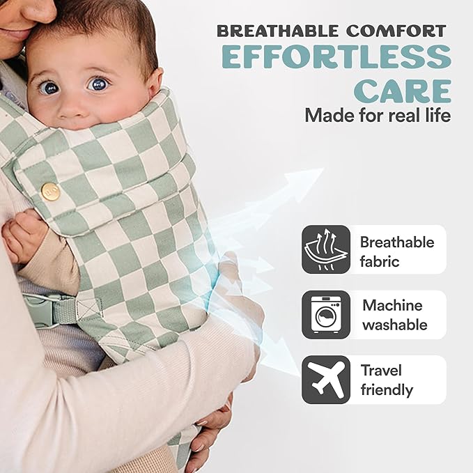Ava & Oliver Essential Baby Carrier – Ergonomic, Hip-Healthy Soft Structured Carrier for Infants & Toddlers (7–35lbs) - Front and Back Carry, Breathable Fabric, Stylish & Lightweight (Olive Checker)