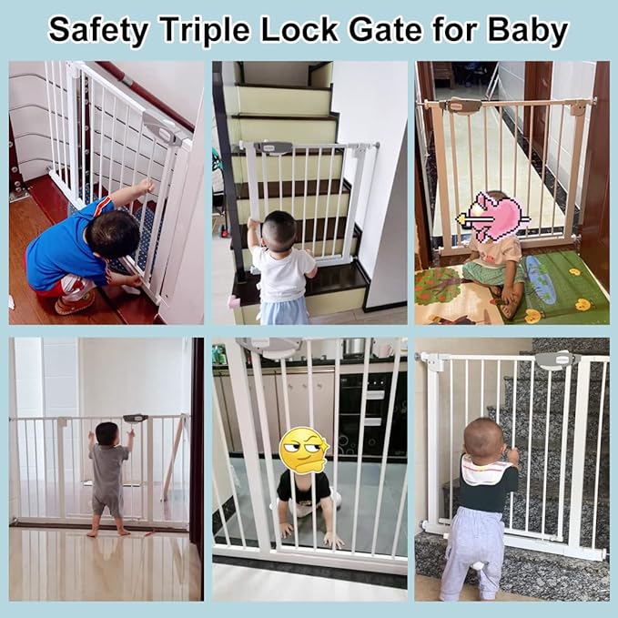 WAOWAO Triple Lock Baby Gate Extra Wide 81.49-85.82" Pressure Mounted Walk Through Swing Auto Close Safety White Metal Dog Pet Puppy Cat for Stairs,Doorways,Kitchen
