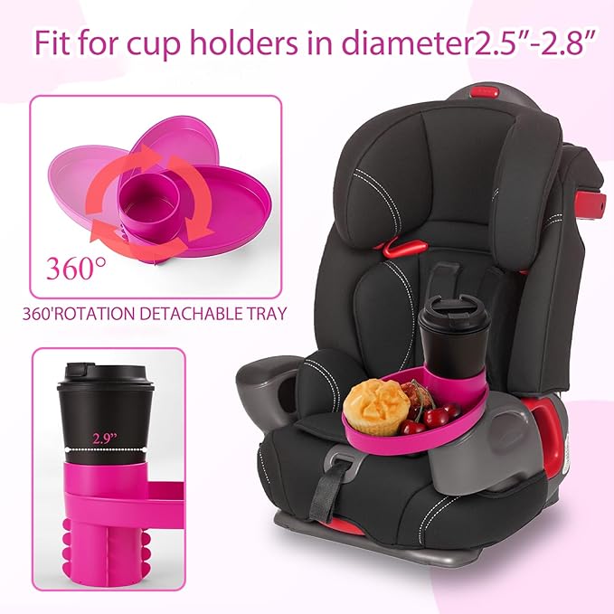 Car Seat Tray - for Cup Holders in 2.5”-2.8”,Easily Expands Snack Tray Cup Holder Tray into 360° Cup & Travel Tray for Kids Car Seat, Booster, and Stroller (Pink)