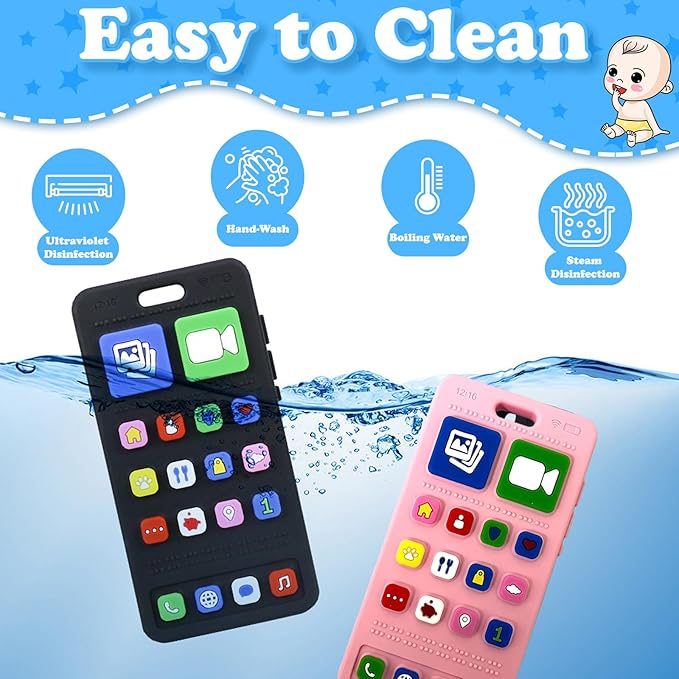 Baby Silicone Teething Toys, Phone Teether Toys for Toddlers 3-18 Months, Boys Girls Babies Teething Toy, Baby Chew Toy, Freezer BPA Free, Pink