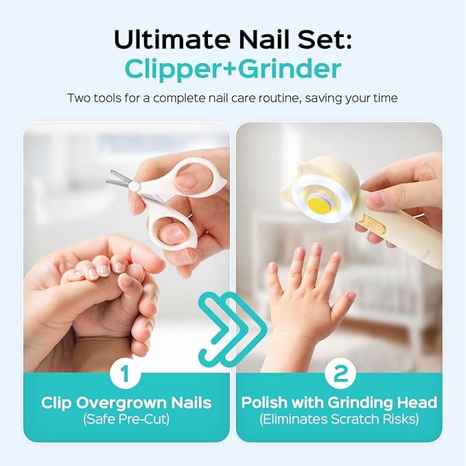 COSLUS C50 Baby Nail File, Baby Nail Trimmer Electric, Baby Nail Clipper - Gentle, Quiet with 360° Light, Safe for Sleep Time Grinding, 16-in-1 Kit for Newborn, Infant & Toddler, Lemon Yellow