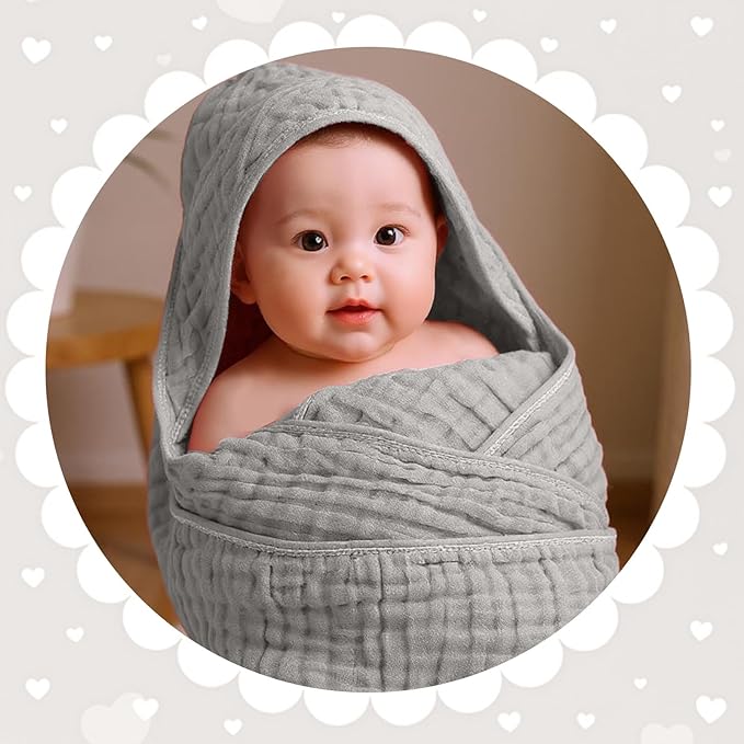 Peryiter 4 Pcs Muslin Hooded Baby Towels 32x32inch Cotton Newborn Bath Essentials Muslin Infant Blankets Absorbent Registry Baby Shower Present for Babies Girl Boy Kids (Green,Gray,Rust,Blue)