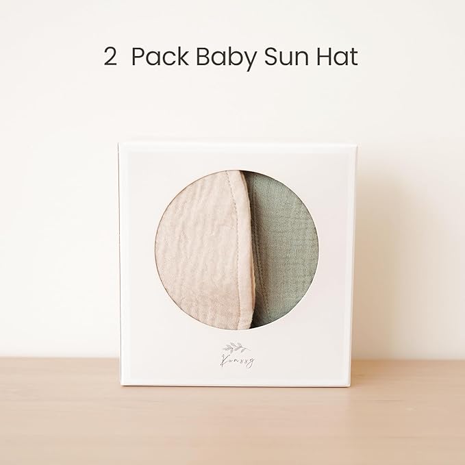 Konssy 2 Pack Muslin Baby Sun Hat UPF 50+ Sun Protection Baby Bucket Hat Summer Beach Hats with Wide Brim for Boys & Girls