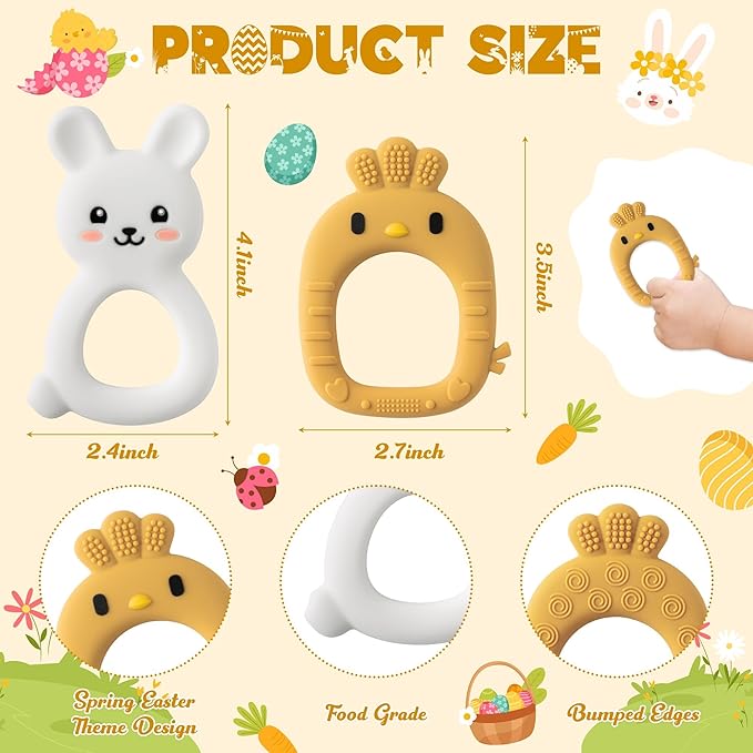 Easter Silicone Teethers for Babies - 2ooya 2Pcs Rabbit Chick Infant Teething Chew Toys, Toddler Sore Gums Pain Relief Toy for Newborn Boy and Girl Easter Spring Baby Shower Birthday Gifts