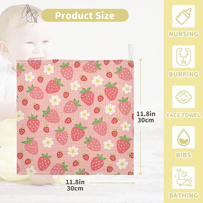 Strawberry Baby Muslin Washcloths 3 Pack, Absorbent Soft Cotton Baby Bath Face Towels Burp Cloths for Newborn Boys Girls, 12 x 12 Inch