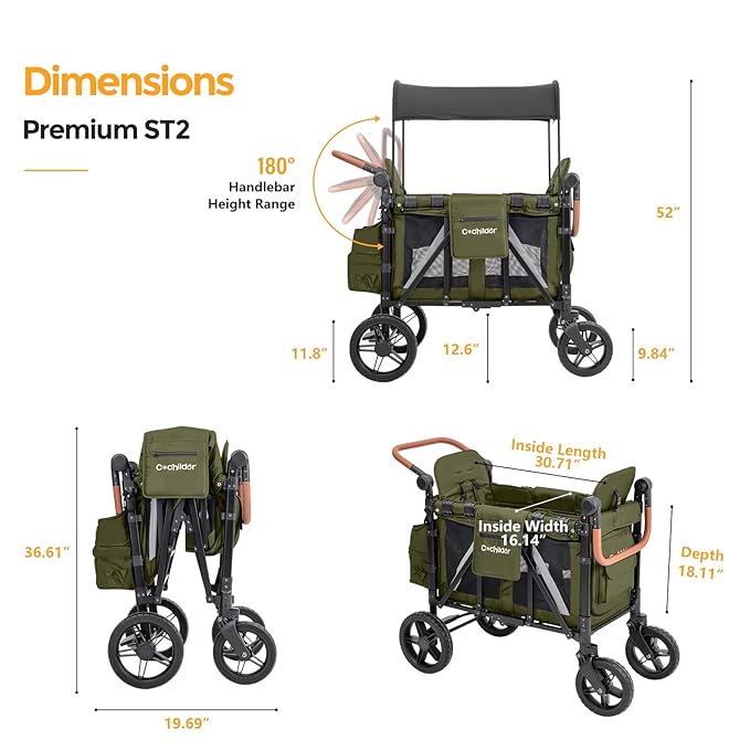 Premium 2 Seater Wagon Stroller for Kids, Foldable All-Terrain Stroller Wagon with Removable Seats, Adjustable 5-Point Safety Harness, Canopy, and Dual Handles, Green