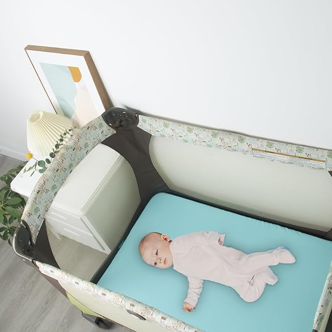 Biloban Pack and Play Sheets Fitted, 2 Pack Pack and Play Sheet Fits for Graco Pack n Play Mattress, Neutral Playard Sheets for Baby Boys and Girl, Grey & Aqua