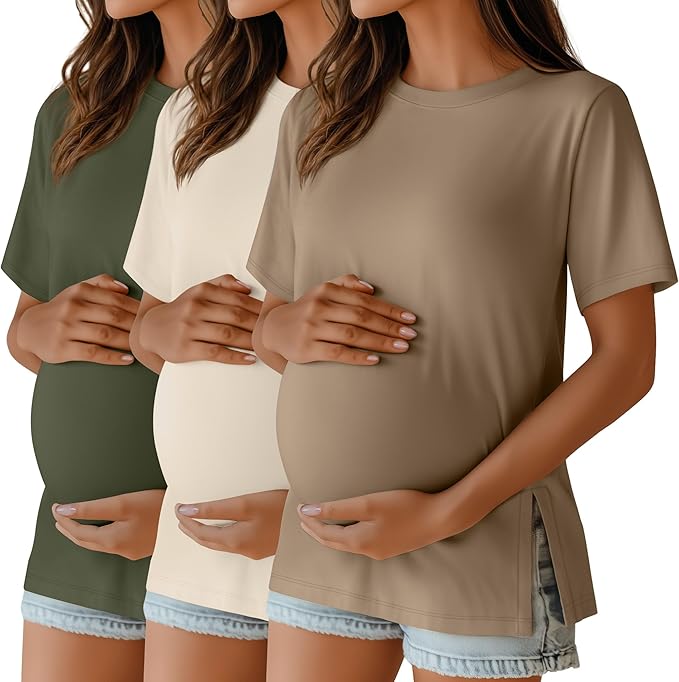 Ficerd 3 Pack Women's Maternity T Shirts, Short Sleeve Side Split Pregnancy Tops Casual Crew Neck Pregnant Tees Mama Clothes