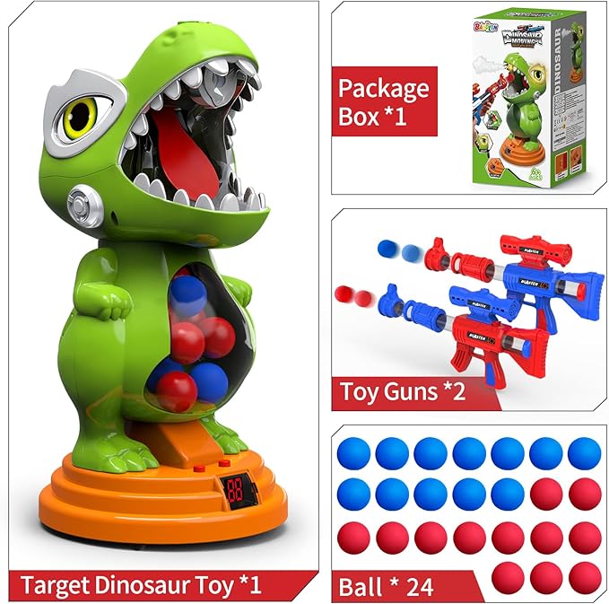 BAODLON Dinosaur Shooting Toys for Boys 4 5 6 7 8 Years Old, Movable Electronic Scoring Target Game with 2 Toy Gun, Spray & Light & Sound, 24 Foam Balls, Christmas Birthday Gift for Kids 3-5, 5-7