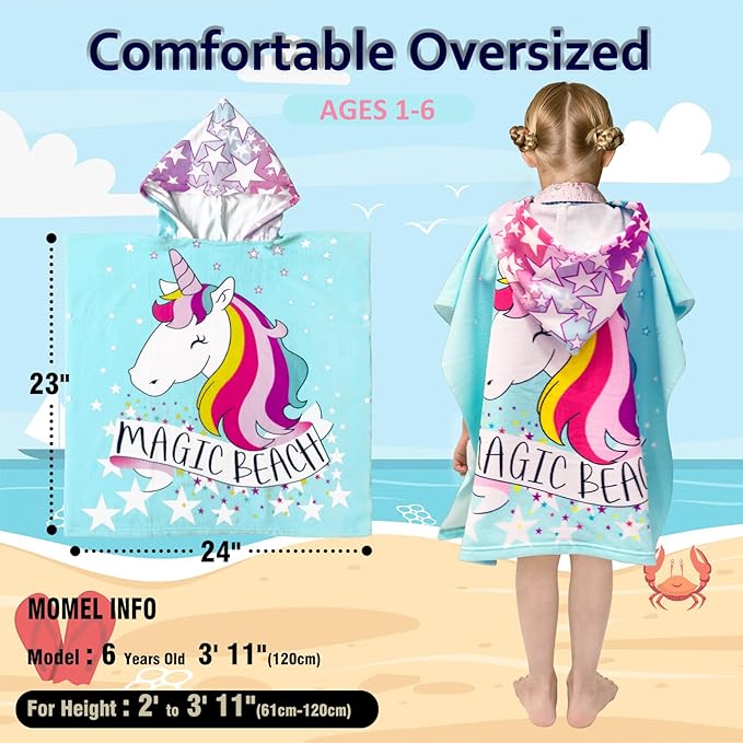 Hooded Kids Beach Towels - Toddler Bath Towel Girls Boys Swim Cover-ups for Ages 1 to 6 Kids Pool Towels Quick Dry Lightweight Soft Microfiber Poncho Towel 24x23 (Unicorn Aqua)
