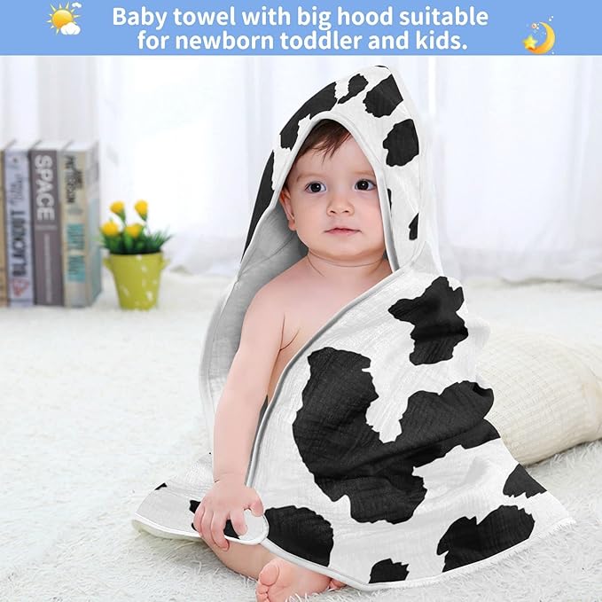 Cow Patter Black White Print Baby Towel Ultra Soft Hooded Towels for Babies - Ultra Absorbent Cotton Bath Towels 30x30 Inch