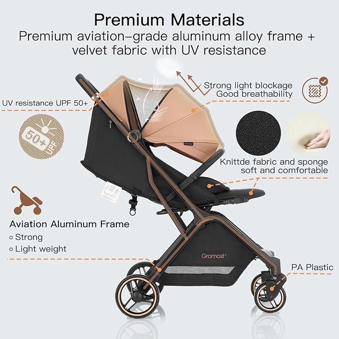 Gravity Folding Baby Stroller - Portable Travel Toddler Stroller w/Adjustable Backrest, Canopy & Cup Holder, Lightweight and UV Protected, One-Hand Automatic Folding - Khaki