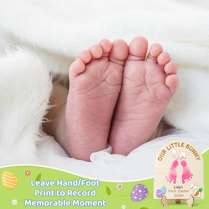 R HORSE DIY Baby's First Easter Footprint or Handprint Art Sign with Ink Pad, 3D Newborn Bunny Wooden Milestone with Marker Pen, Baby 1st Easter Keepsake Craft Gift Nursery Photo Prop Baby Shower