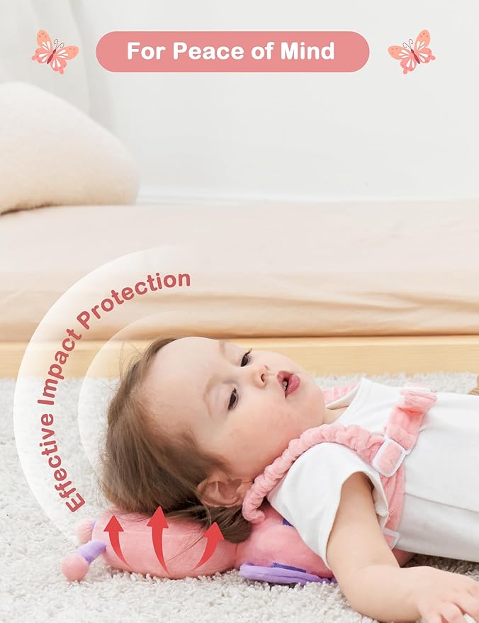 JunNeng Baby Head Protector Backpack, Toddler Walking Fall Head Protection, Pink Butterfly