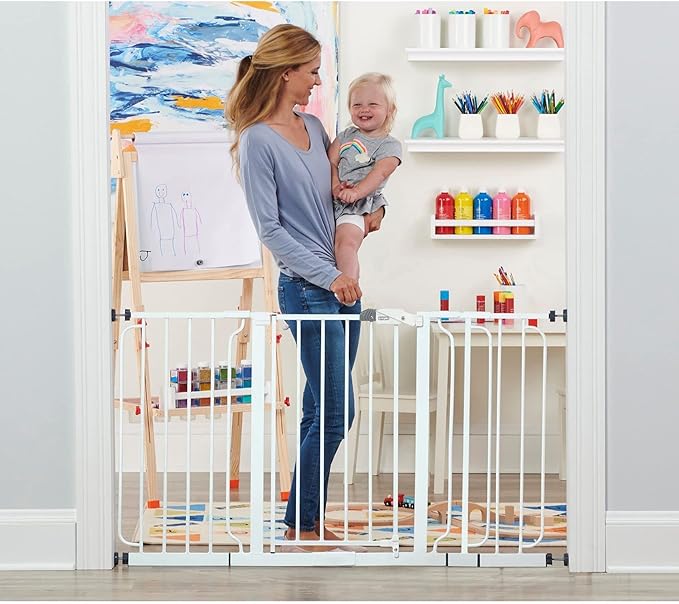 Regalo Safety Baby Gate 56 Inch Extra Wide for Doorways & Bottom of Stairs, Pressure Mount Design for Babies, Toddlers & Pets, Tested & Safe for 30 Years, American Designed, American Owned, White
