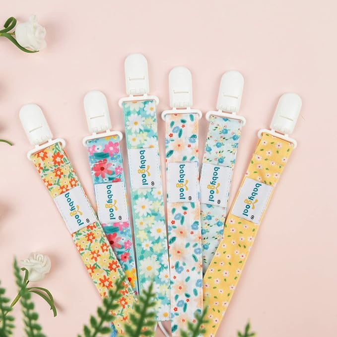 babygoal Floral Pacifier Clips, 6 Pack Binky Paci Holder Clips Leashes Fits for Most Pacifiers and Binkies 6PS31