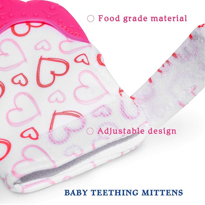 NEPAK Teething Mitten 2 Pcs-Baby Glove Stimulating Teether Toys for Boys & Girls-Teething Glove for 3-6 Months Baby (Pretty Sweet Heart,Pink)