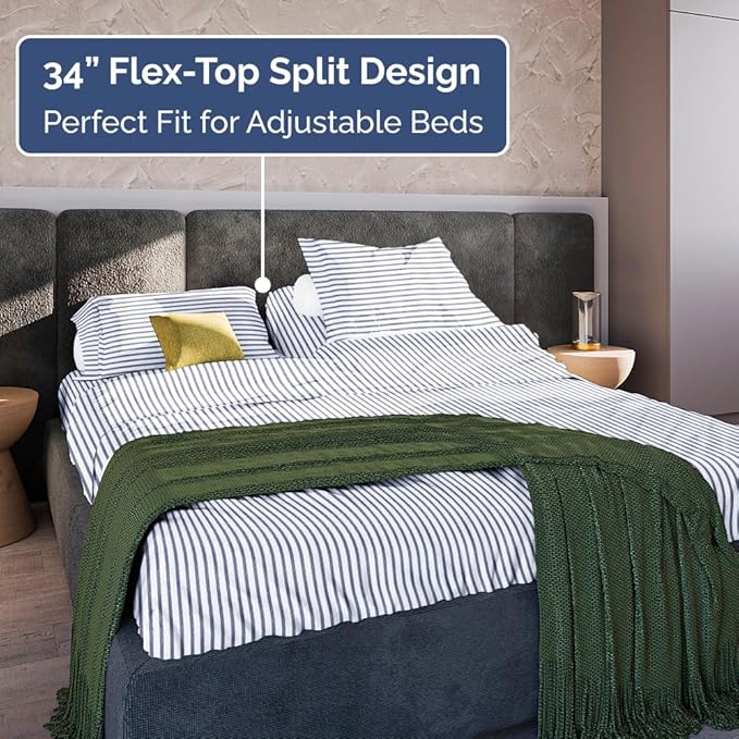 Flex Top Split Head King 4 Piece Sheet Set - Comfy Breathable & Cooling Bed Sheets Set - Hotel Luxury Bedding for Women, Men, Kids, Teens, Boys & Girls - Deep Pockets, Soft - Oeko-Tex - Blue Stripes