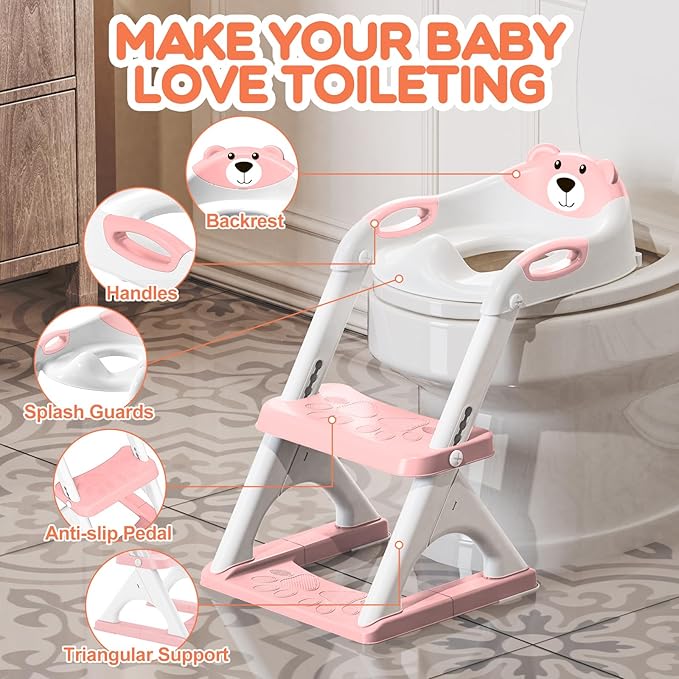 SKYROKU Potty Training Seat for Toddlers – 2-in-1 Adjustable potty ladder with Step Stool, Anti-Slip Cushion, Splash Guard & Extra-Wide Pedals, Supports 200+ lbs, Ideal for Boys & Girls (8899-Pink)