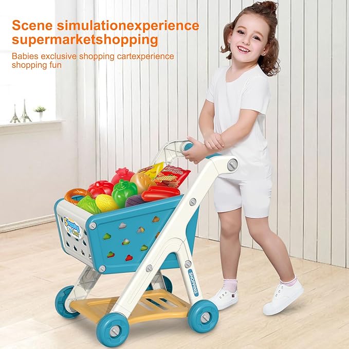 Kids Shopping Cart Trolley Play Set and Pretend Play Calculator Cash Register Toy with Pretend Food and Accessories,Perfect for Ages 3+ Pretend Play and Role-Playing Games