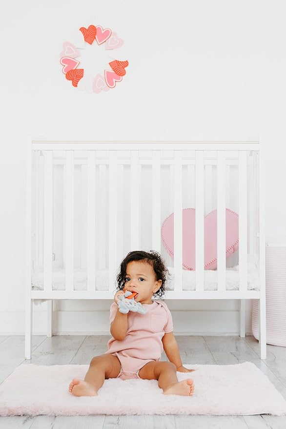 Pearhead Plush Dino Baby Teether with Crinkle Sound, Valentine's Day Gift, BPA-Free Silicone Teething Ring & Soft Sensory Rattle, Infant Gum Soother for Newborns, Dinosaur, 0 Months+
