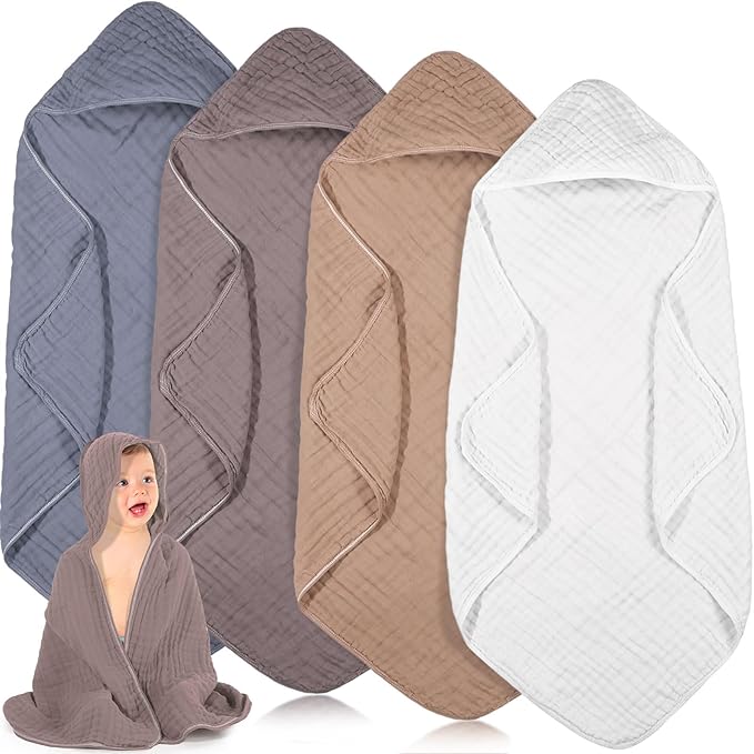 Peryiter 4 Pcs Muslin Hooded Baby Towels 32x32inch Cotton Newborn Bath Essentials Muslin Infant Blankets Absorbent Registry Baby Shower Present for Babies Girl Boy Kids (White,Coffee,Blue)