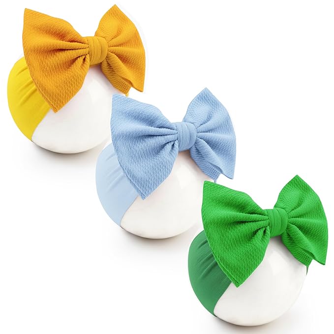 Baby Bow Headbands 3 Pcs Baby Girl Headbands with Bows Soft Nylon Green/Yellow/Blue Headband Bows for Baby Girls, Newborns, Infants
