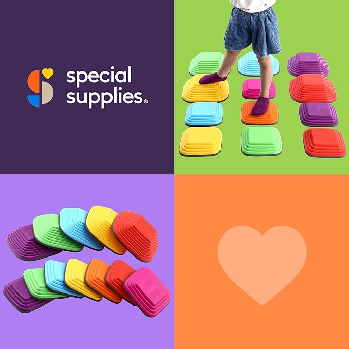 Special Supplies Stepping Stones for Kids Indoor and Outdoor Balance Blocks Promote Coordination, Balance, Strength Child Safe Rubber, Non-Slip Edging (Multi-Color, 12)