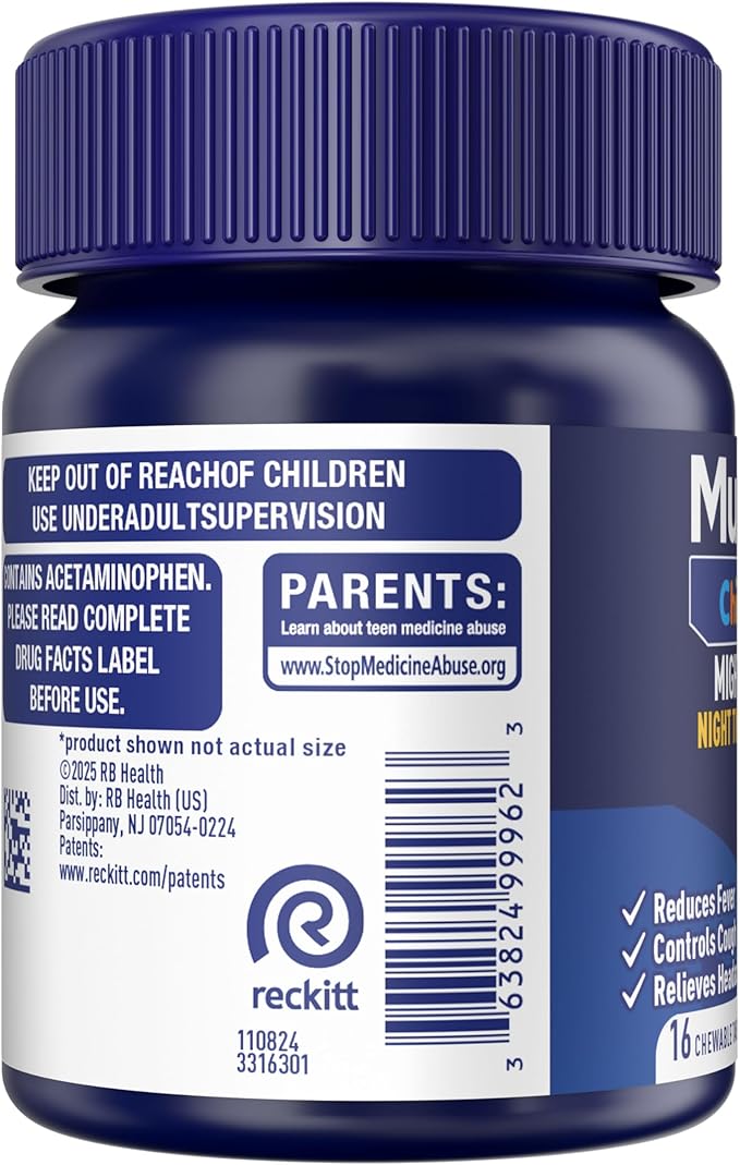 Mucinex Children's Mighty Chews Nighttime Cold and Flu Medicine, Children's Acetaminophen, Dextromethorphan, & Doxylamine Succinate, Kids Cough Medicine, Ages 6+, 16 Medicated Chewable Tablets