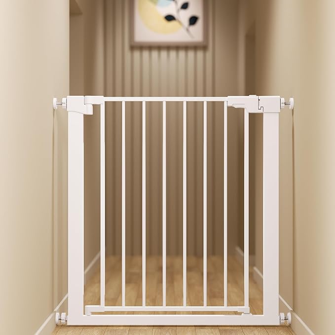 29-32 inches Metal Baby Gate for Stairs/Doorways, 30 inches Tall Pressure Mounted Pet Gates, Auto-Close Child Safety Gate, No Drilling Easy Walk-Through Dog Gate Indoor, White