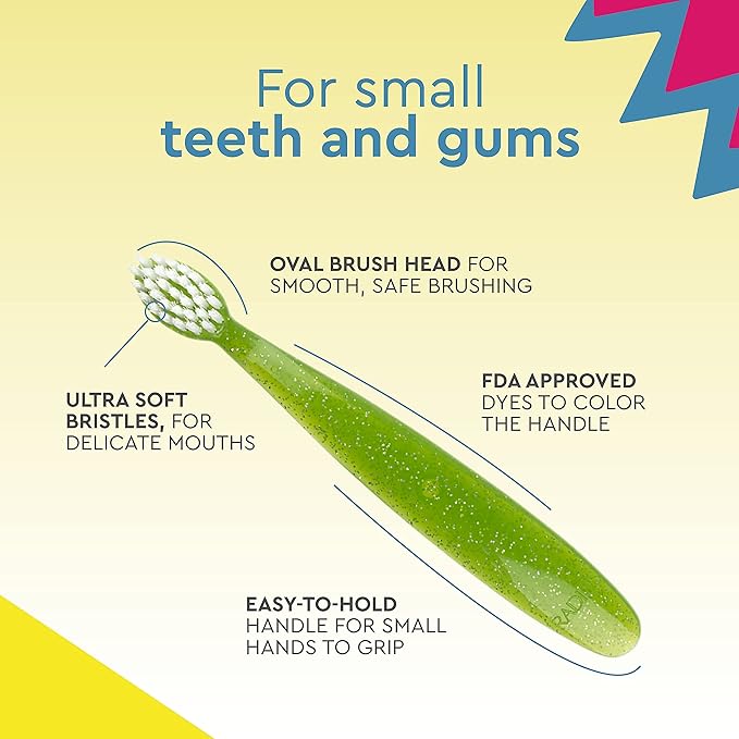 RADIUS Children's Toothbrush, Totz Brush, Extra Soft Bristles, Blue/Coral/Yellow, BPA Free & ADA Accepted, Designed for Delicate Teeth & Gums for Children 18 Months & Up, Pack of 3