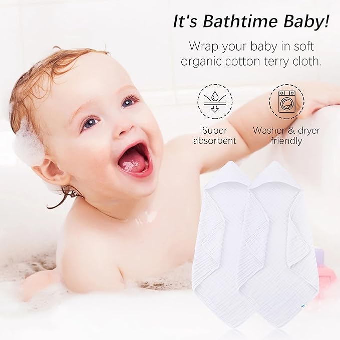 SWEET DOLPHIN Muslin Hooded Baby Bath Towels - 2 Pack 100% Cotton Towel for Babies, Infants, Toddlers - 32x32Inch - Highly Absorbent and Newborn Essential, White